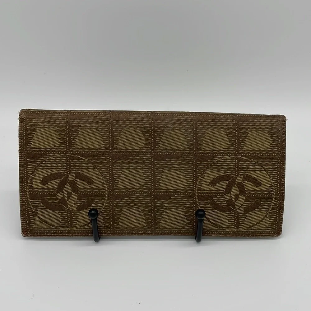Chanel CC Flap Canvas Travel Line Long Wallet in Khaki/Brown